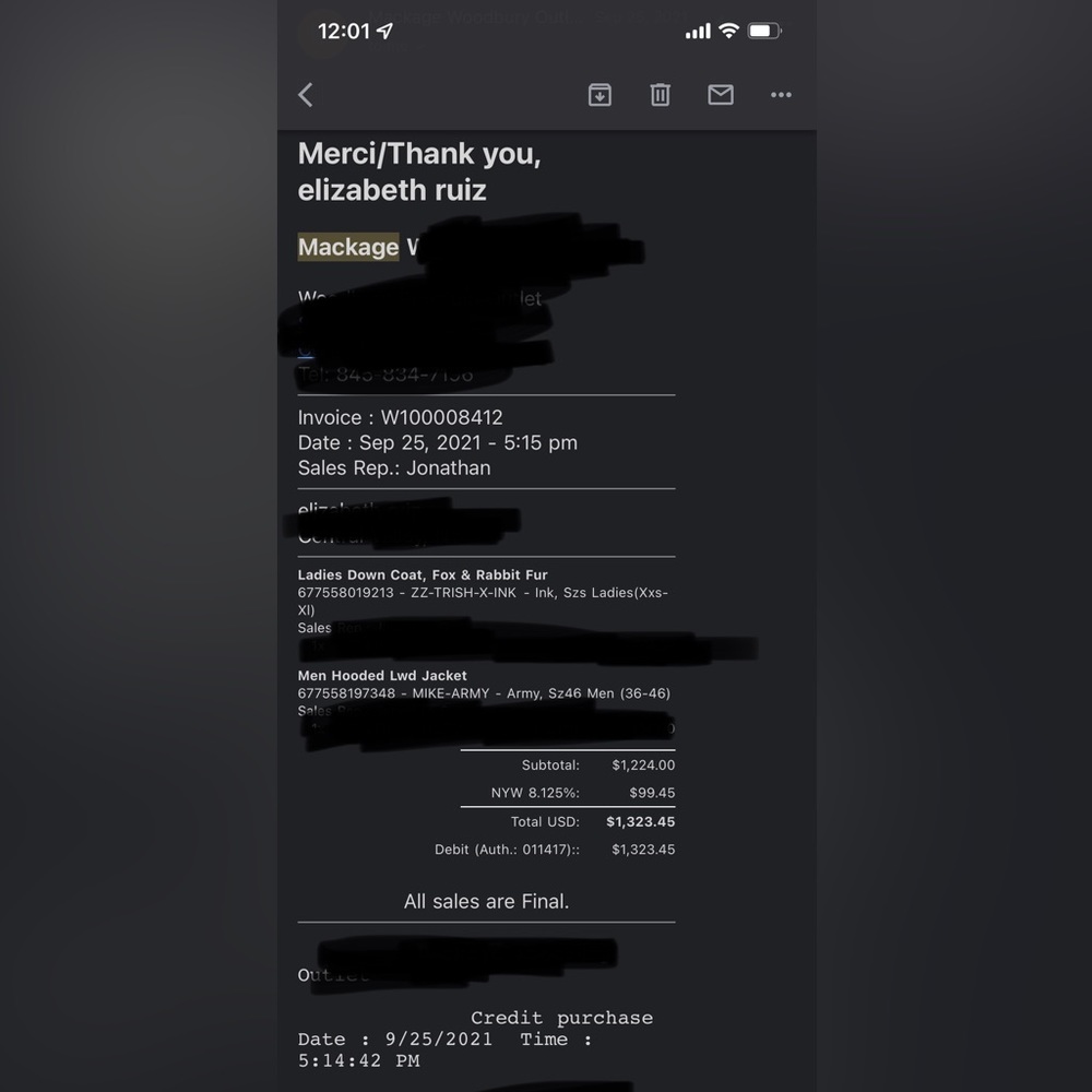 Mackage receipt not for sale